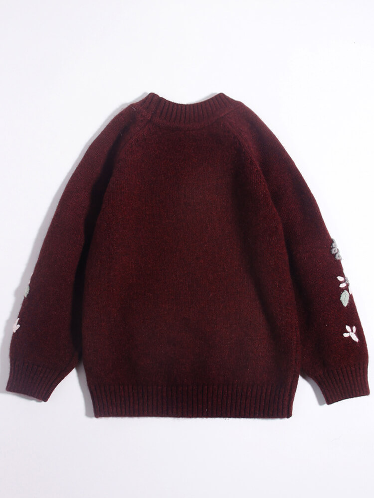Kids Burgundy Floral Embroidered Cashmere Pullover Sweater
